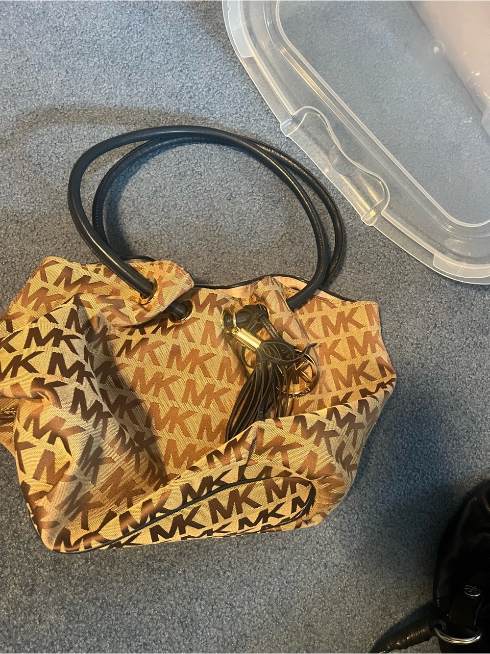 Michael Kors Brown Tan MK Logo Tote with Black Handles